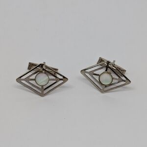 Vintage Geometric Silver Tone Cufflinks White Mother-of-Pearl Accents Wedding